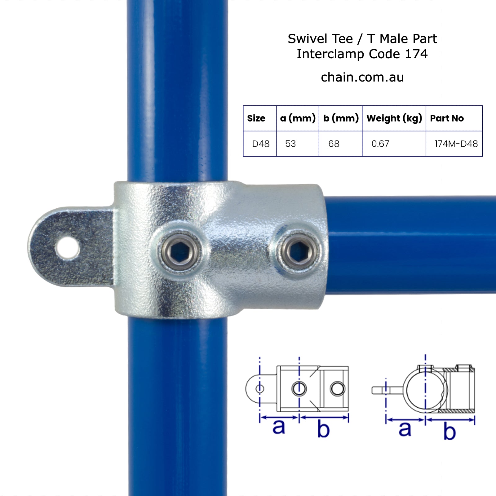 Swivel Tee (Swivel T) Male Part, Size: D48. Interclamp Code 174M. Shop rail, pipe and fence fittings online chain.com.au. Australia wide shipping.