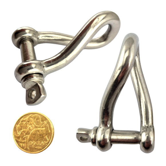 Twisted D Shackle, Stainless Steel. Size: 8mm. Australia wide shipping.