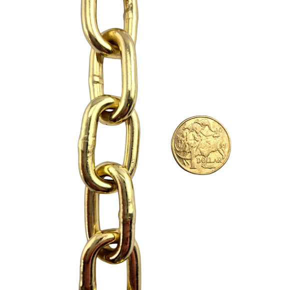 Gold Plated Welded Link Lighting Chain, size 6mm. Commercial Grade  Steel Chain. Delivery Australia wide. Shop: chain.com.au