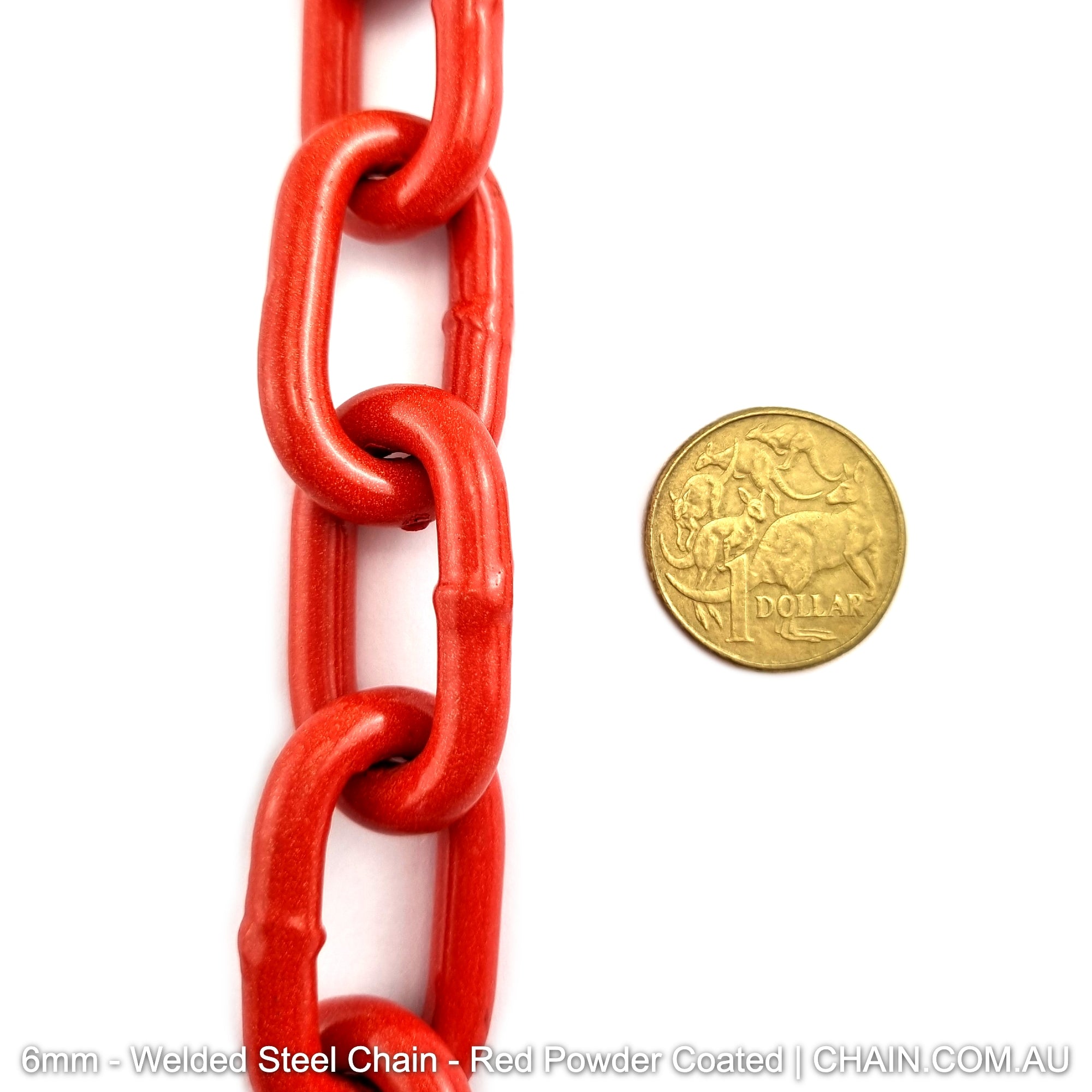 Welded Steel Chain - Red Powder Coated. Size: 6mm. Chain by the metre or bulk buy 25kg buckets. Shipping Australia wide. Shop online chain.com.au