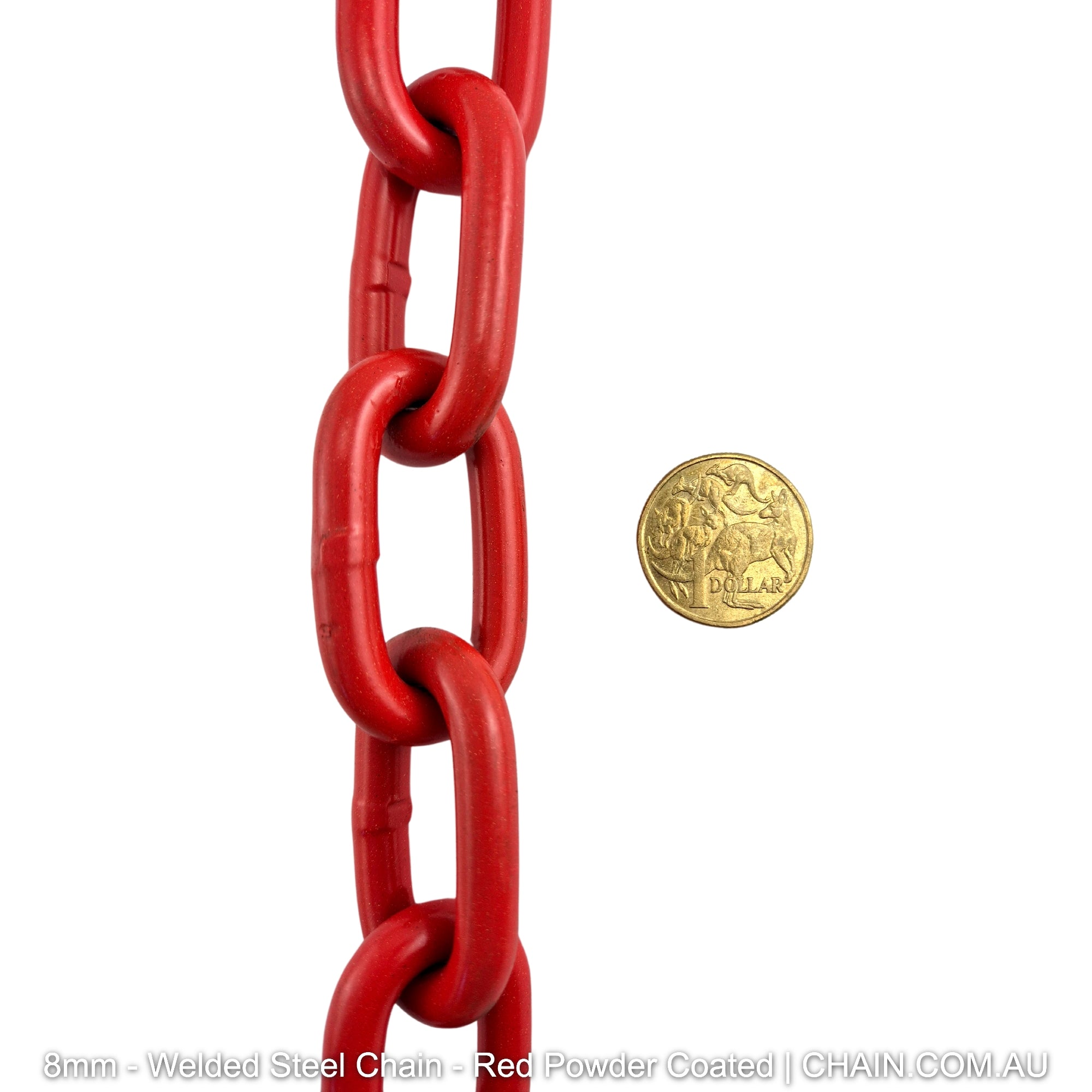 Welded Steel Chain - Red Powder Coated. Size: 8mm. Chain by the metre or bulk buy 25kg buckets. Shipping Australia wide. Shop online chain.com.au