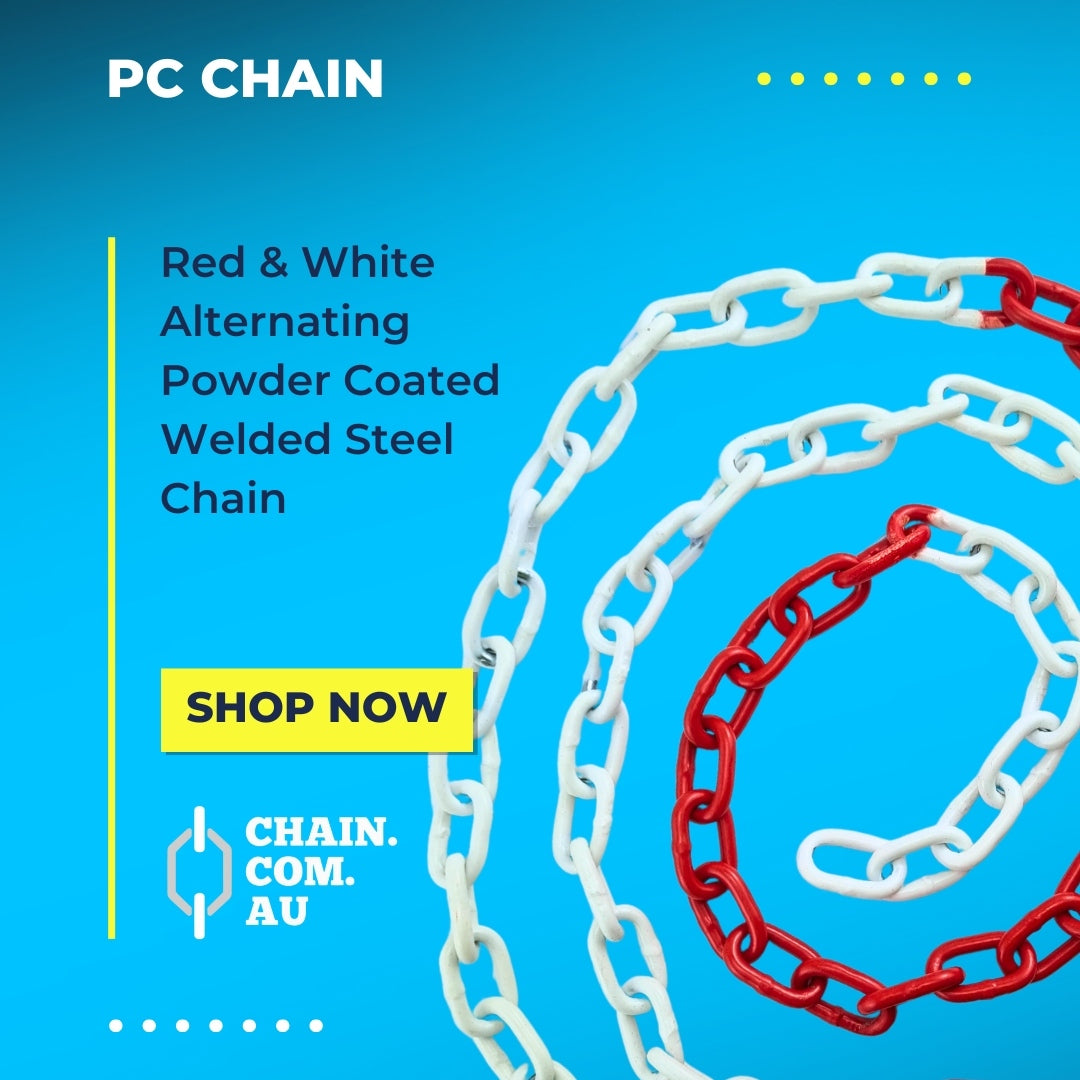 Red and white alternating powder-coated welded steel chain. Australia wide Shipping. Buy from 1m. Chain.com.au