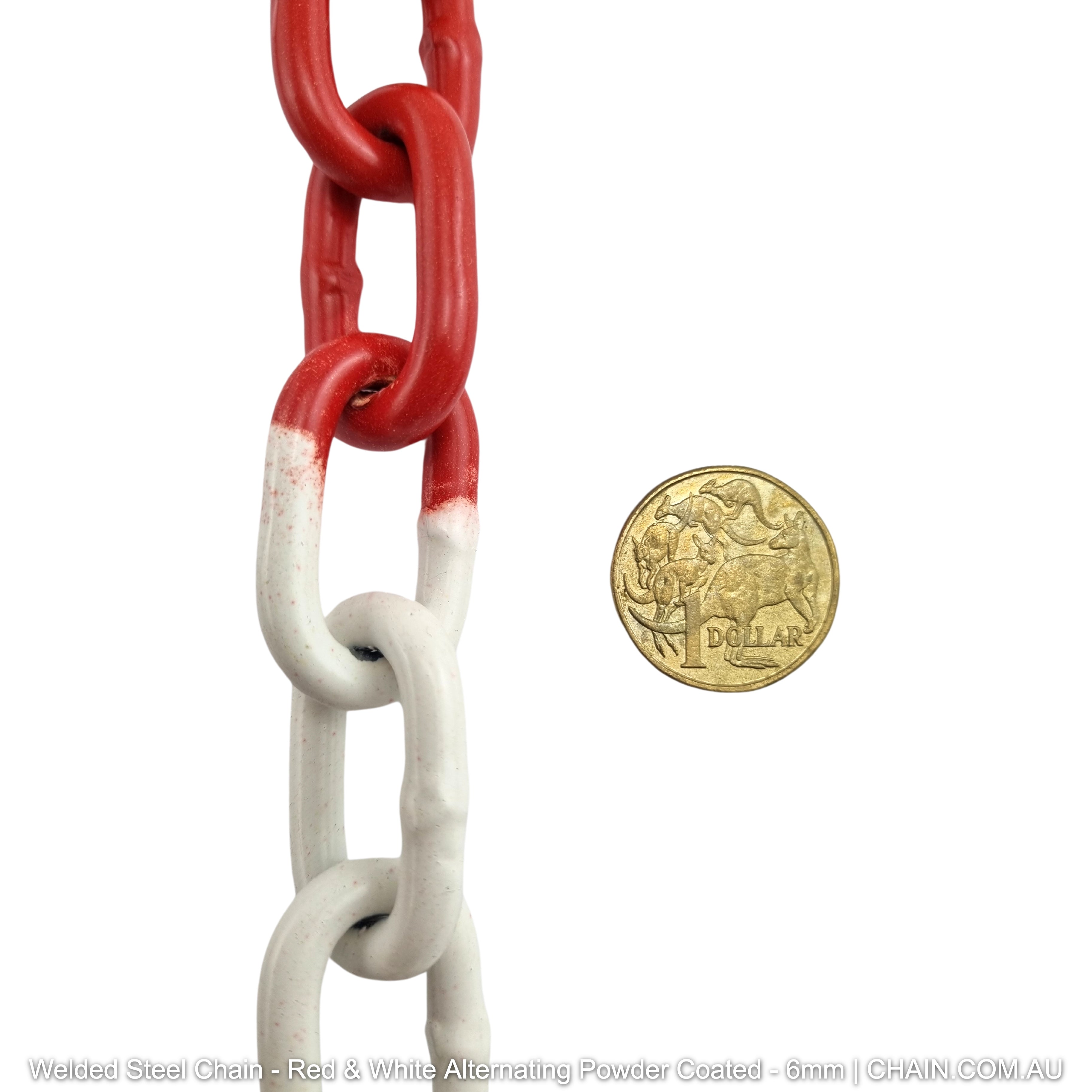 6mm Red and white alternating powder-coated welded steel chain. Australia wide Shipping. Buy from 1m. Chain.com.au