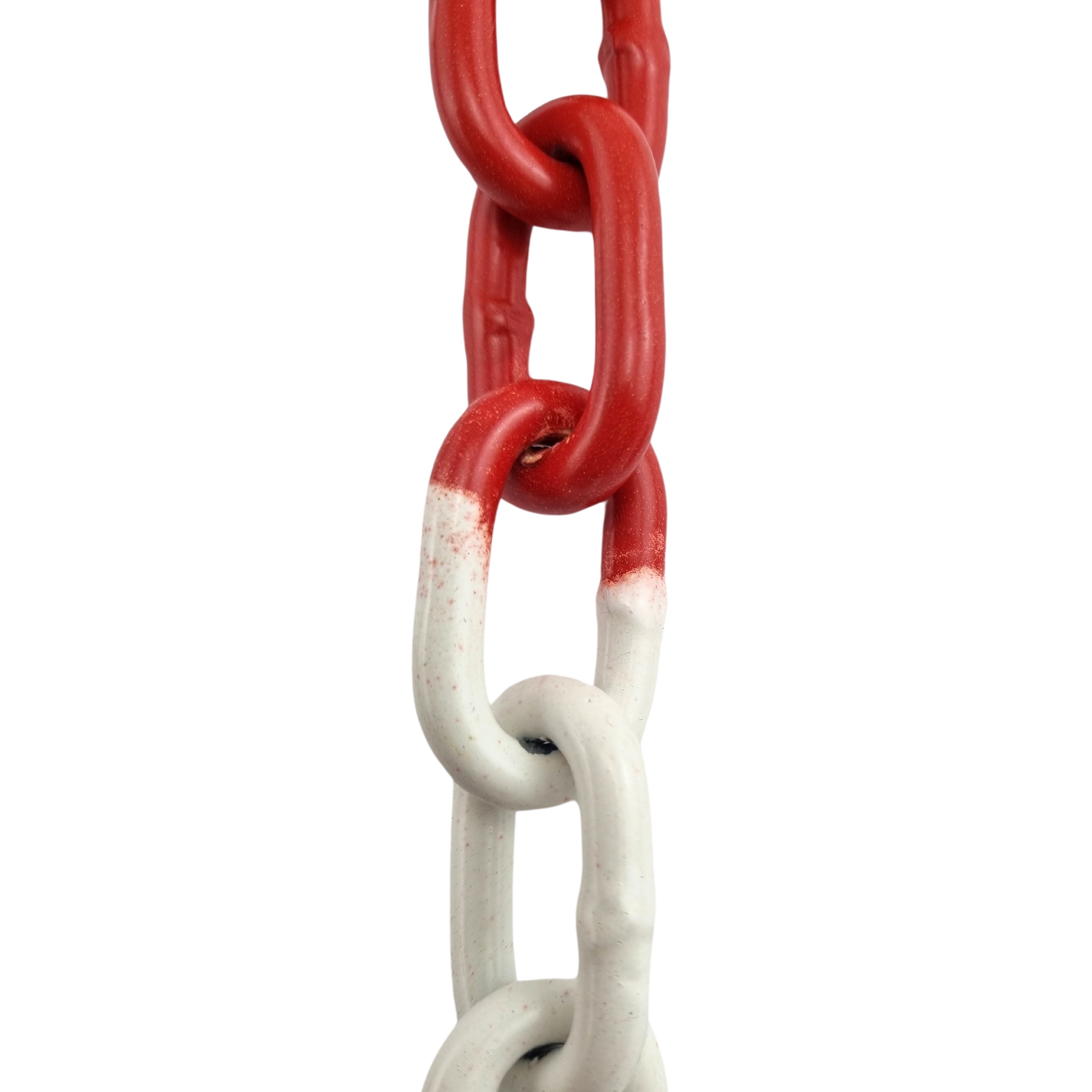 Red and white alternating powder-coated welded steel chain. Australia wide Shipping. Buy from 1m. Chain.com.au