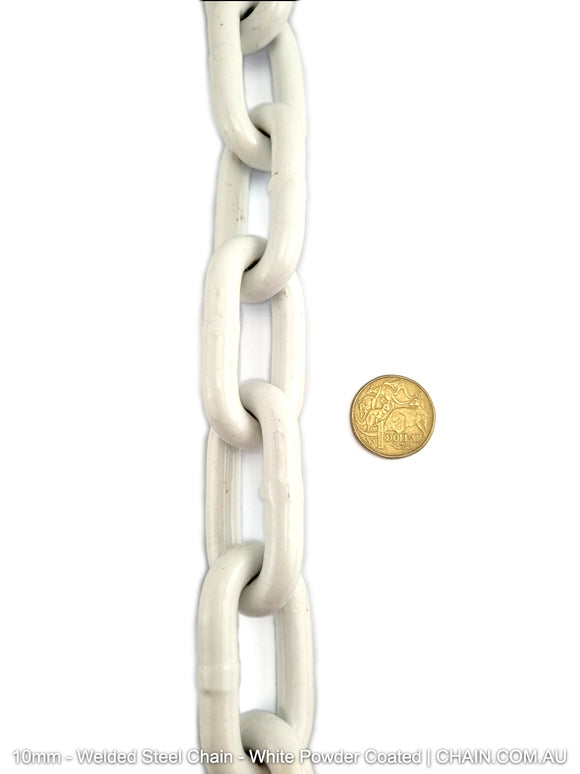 Welded Steel Chain - White Powder Coated. Size: 10mm. Chain by the metre or bulk buy 25kg buckets. Shipping Australia wide. Shop online chain.com.au