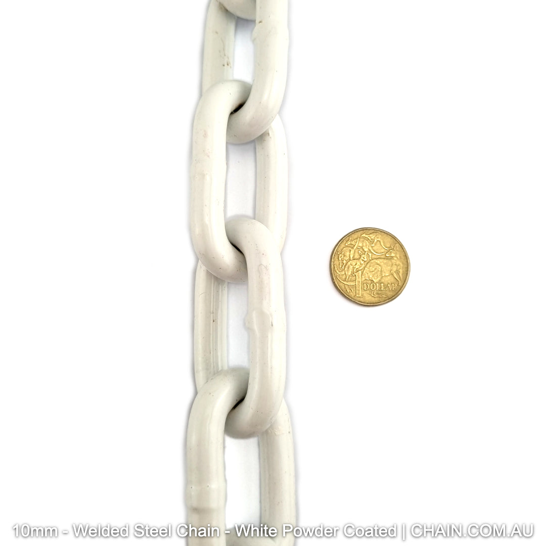 Welded Steel Chain - White Powder Coated. Size: 10mm. Chain by the metre or bulk buy 25kg buckets. Shipping Australia wide. Shop online chain.com.au