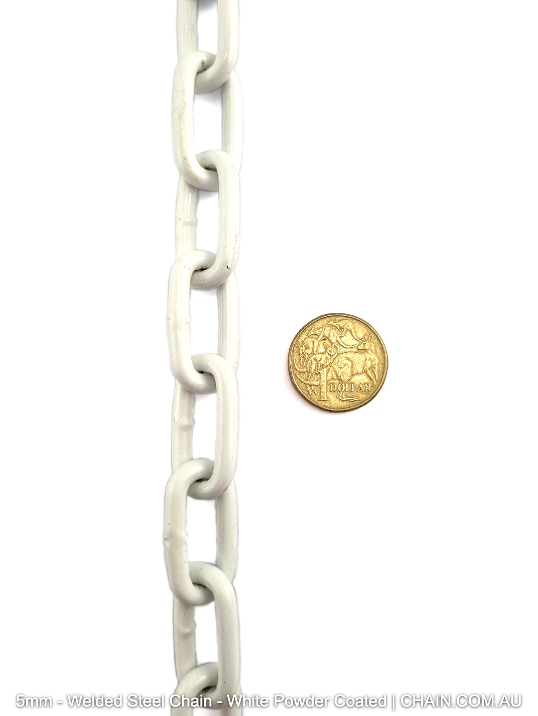 Welded Steel Chain - White Powder Coated. Size: 5mm. Chain by the metre or bulk buy 25kg buckets. Shipping Australia wide. Shop online chain.com.au
