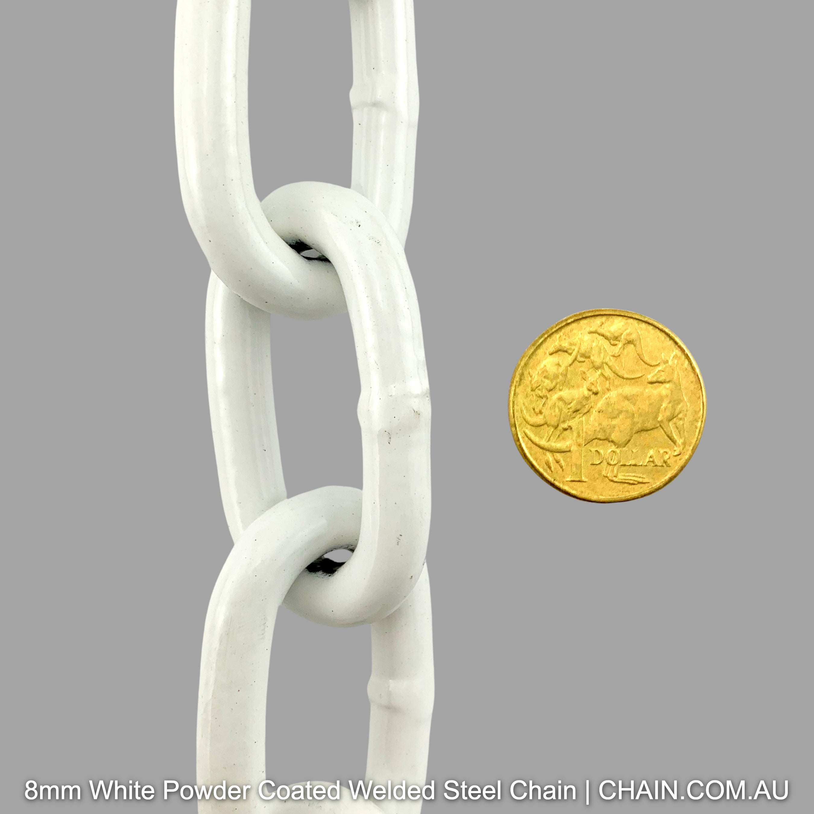 8mm  White Powder Coated Welded Steel Chain. By the metre or bulk buy 25kg buckets. Shipping Australia wide. Shop hardware online chain.com.au