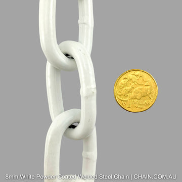 8mm  White Powder Coated Welded Steel Chain. By the metre or bulk buy 25kg buckets. Shipping Australia wide. Shop hardware online chain.com.au