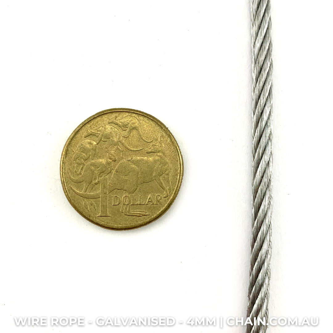 Galvanised wire rope (wire cord, wire cable) Size: 4mm. Australia wide shipping. Chain.com.au