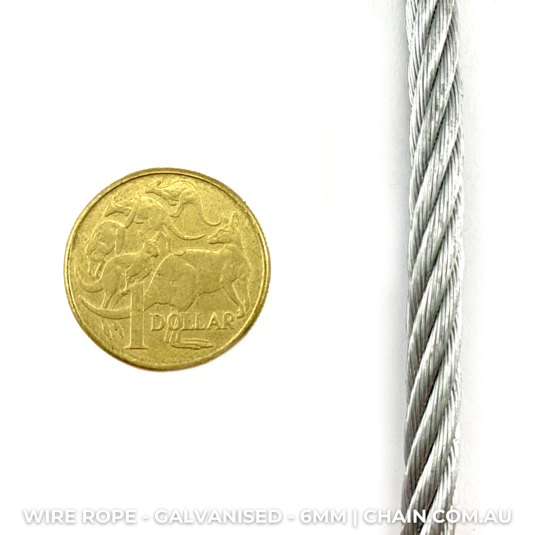 Galvanised wire rope (wire cord, wire cable) Size: 6mm. Australia wide shipping. Chain.com.au