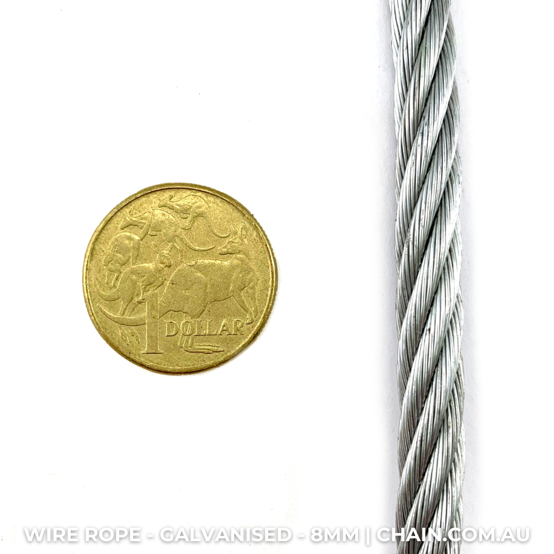 Galvanised wire rope (wire cord, wire cable) Size: 8mm. Australia wide shipping. Chain.com.au