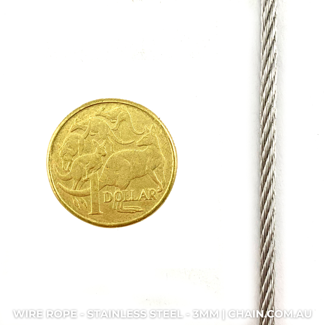 Stainless Steel Wire Rope (wire cord or wire cable). Size: 3mm. Australia wide shipping. Chain.com.au