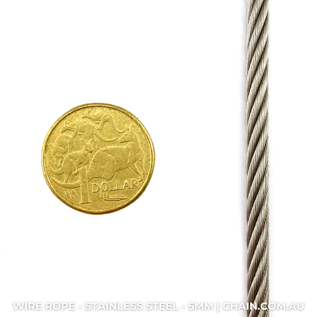 Stainless Steel Wire Rope (wire cord or wire cable). Size: 5mm. Australia wide shipping. Chain.com.au