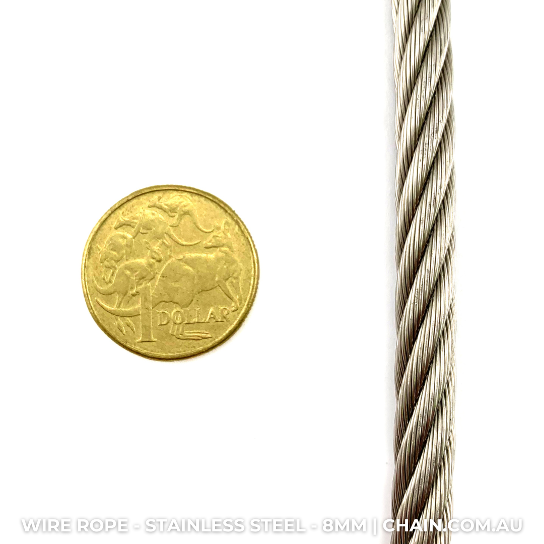 Stainless Steel Wire Rope (wire cord or wire cable). Size: 8mm. Australia wide shipping. Chain.com.au