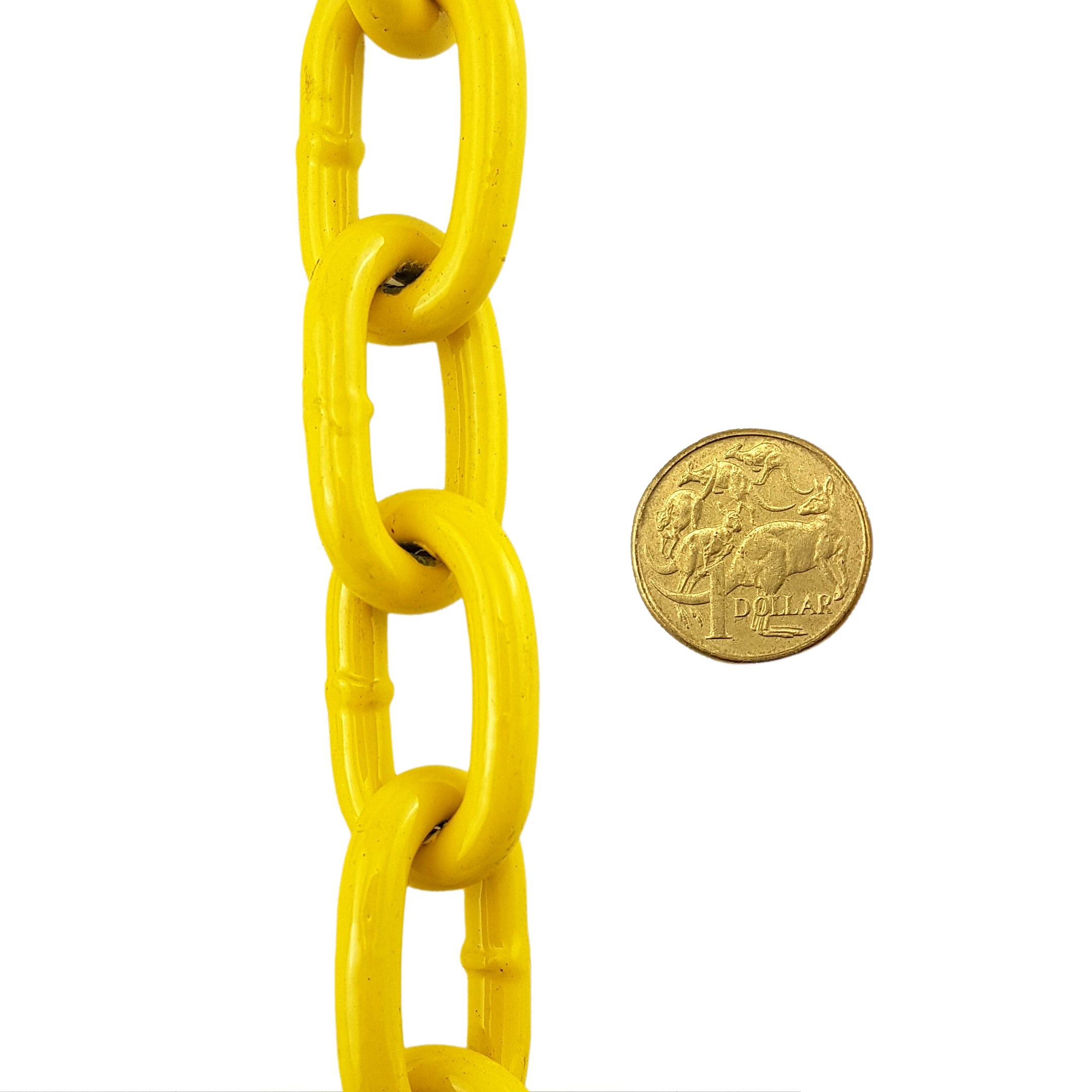 Yellow powder coated welded steel chain, size 6mm in a 25kg bucket. Australia wide delivery.