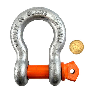 4.7 Tonne galvanised bow shackle with orange pin, grade S, complies with AS 2741. Shop bow shackles at chain.com.au
