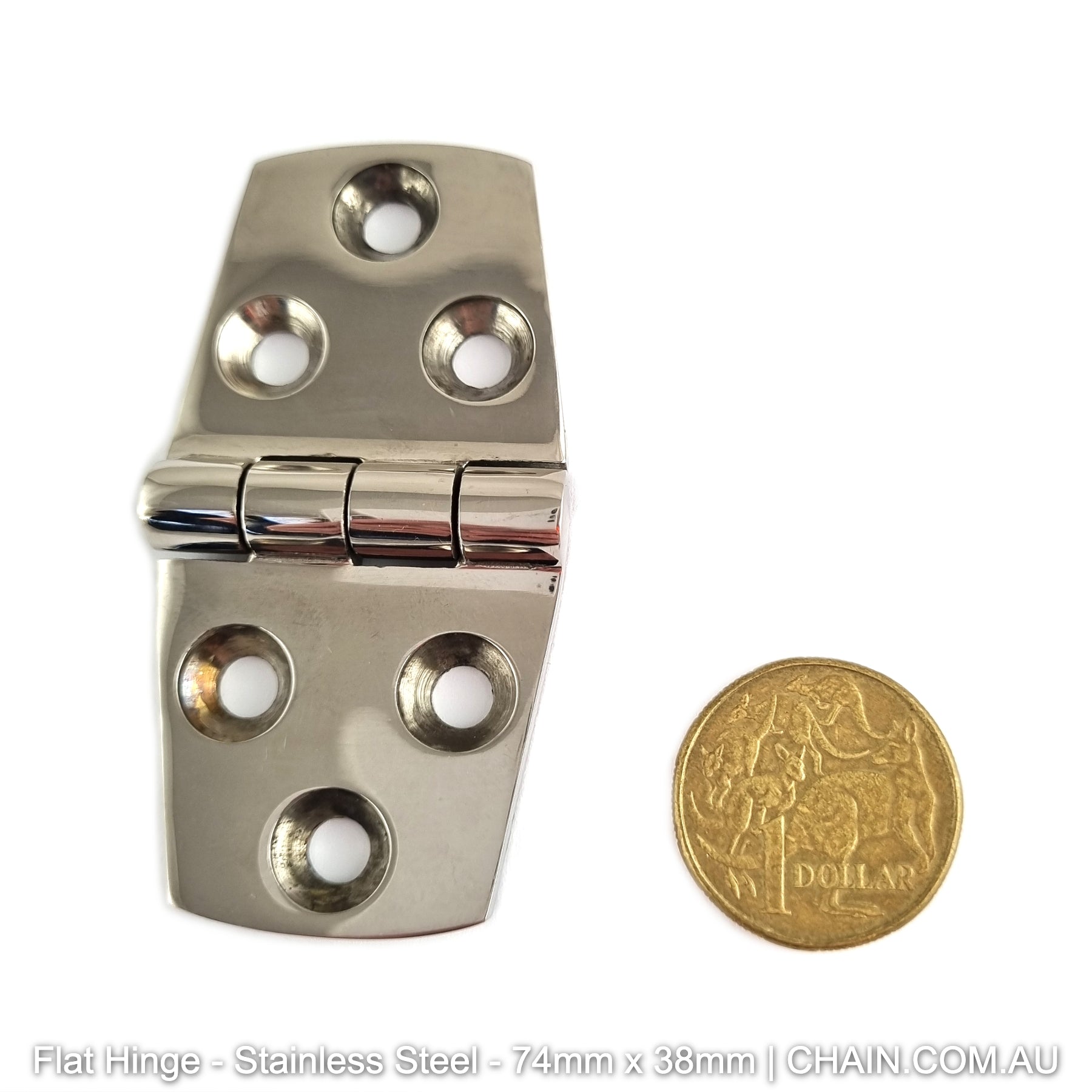 Flat Hinges in Stainless Steel. Size: 74mm x 38mm. Shop online chain.com.au. Shipping Australia wide.