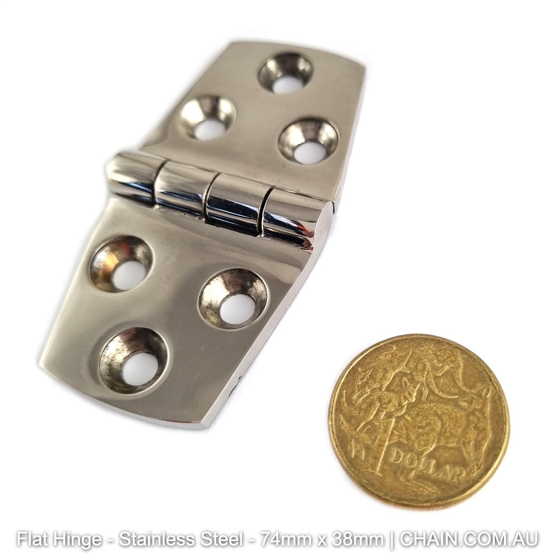 Stainless Steel Flat Hinge. Size: 74mm x 38mm. Shop online chain.com.au. Shipping Australia wide.