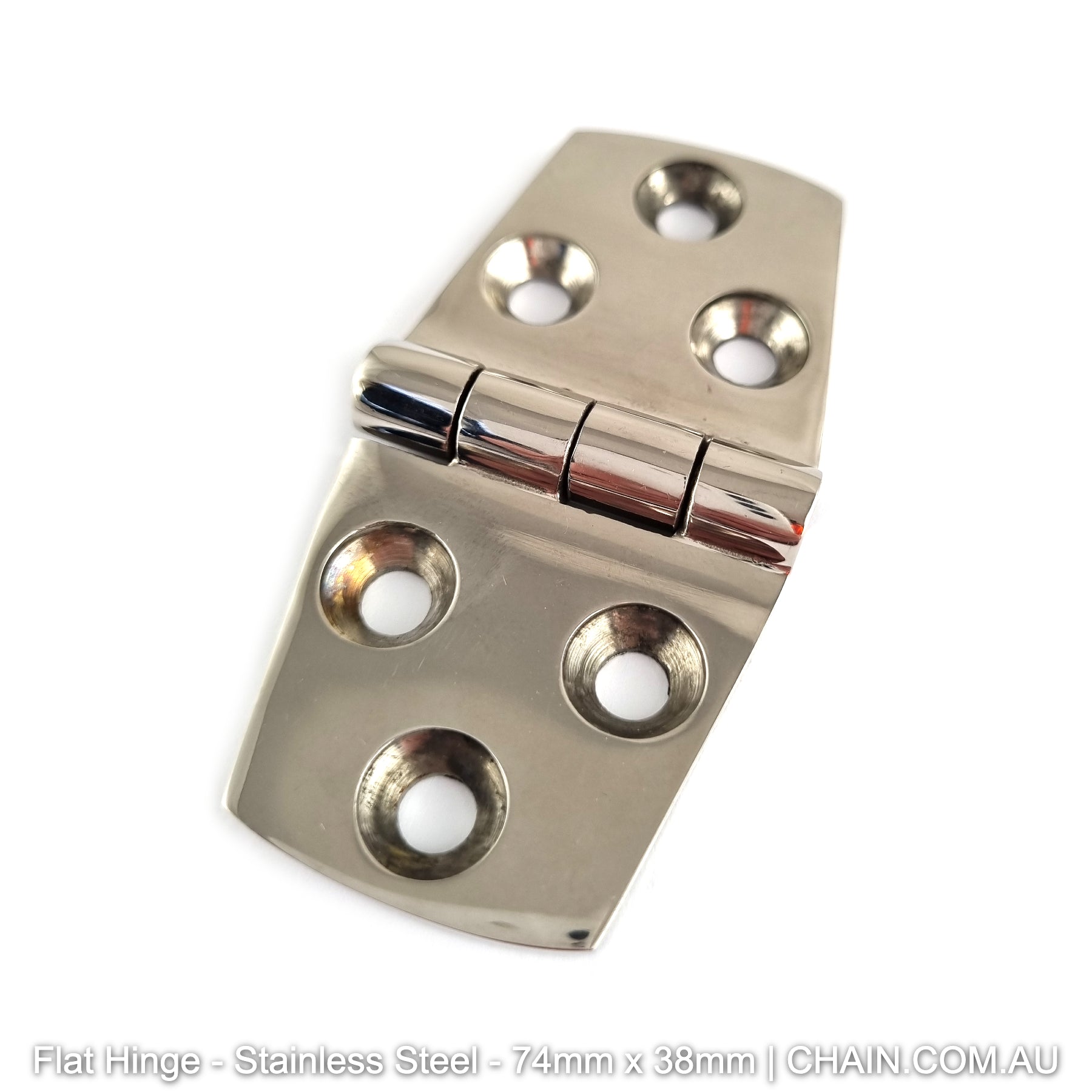 Stainless Steel Flat Hinge. Size: 74mm x 38mm. Shop online chain.com.au. Shipping Australia wide.