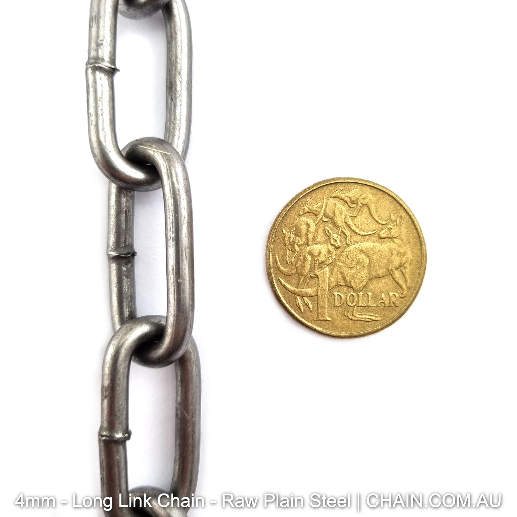 4mm long link plain steel (raw) chain. By the metre or bulk buy 25kg bucket. Australia wide shipping & Melbourne click & collect.