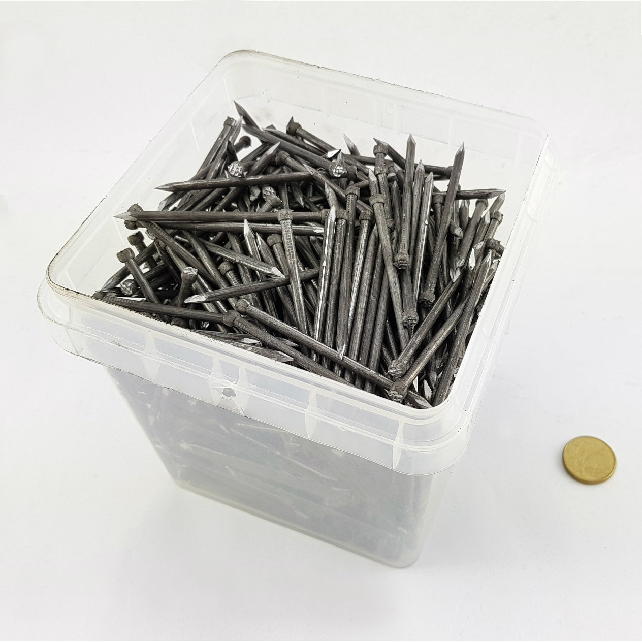 Bullet Head Nails 3.75mm in a 5kg Plastic Bucket Melbourne Australia. Australian made nails.