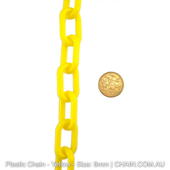 Yellow Plastic Chain, size: 6mm. Chain by the metre or bulk buy larger reels. Australia wide shipping + Melbourne pick up. Shop: Chain.com.au