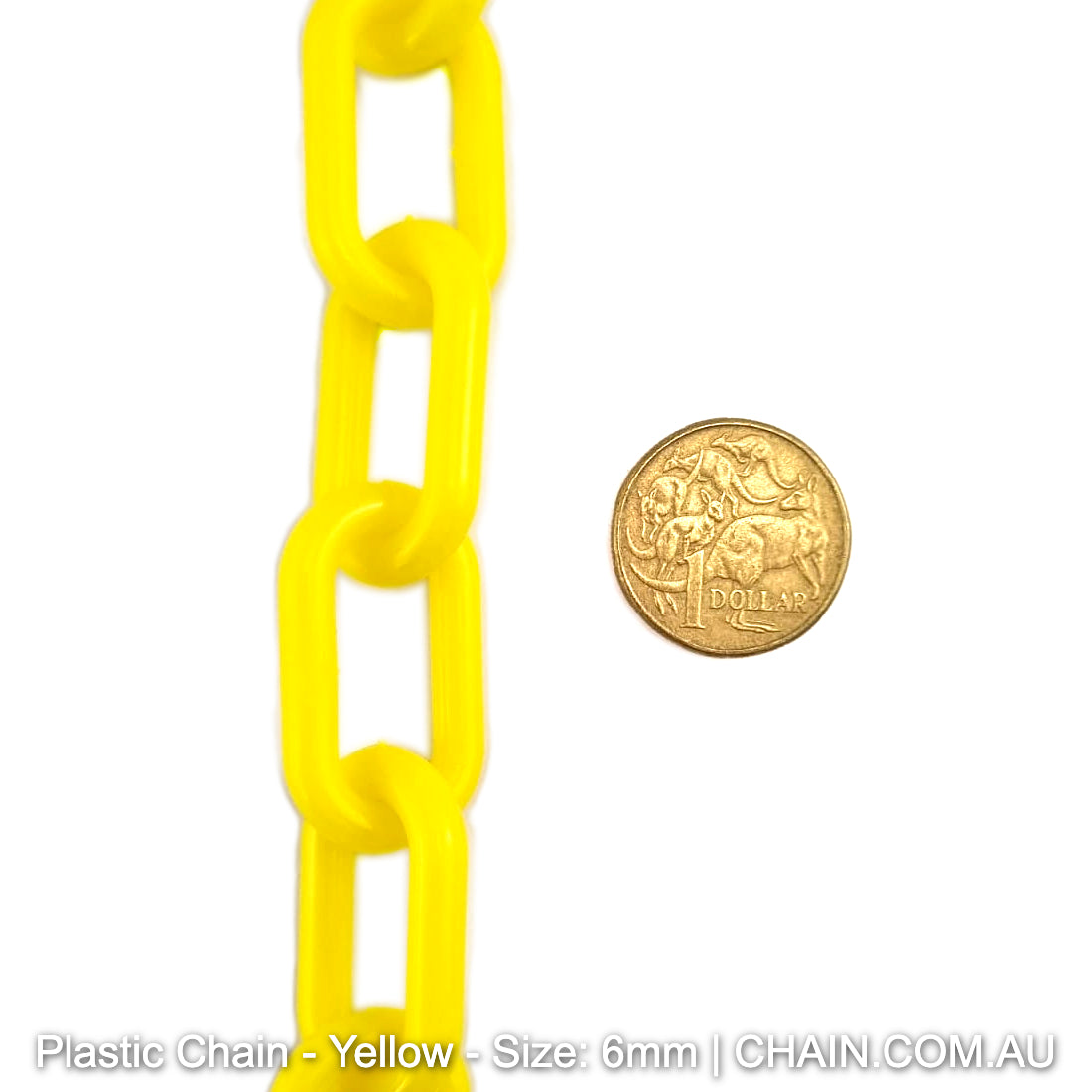Yellow Plastic Chain, size: 6mm. Chain by the metre or bulk buy larger reels. Australia wide shipping + Melbourne pick up. Shop: Chain.com.au