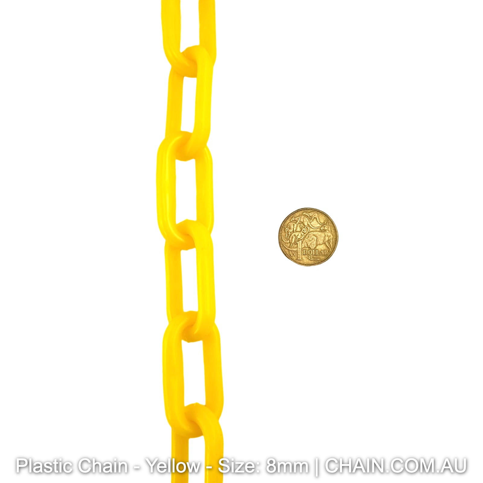Yellow Plastic Chain, size: 8mm. Chain by the metre or bulk buy larger reels. Australia wide shipping + Melbourne pick up. Shop: Chain.com.au