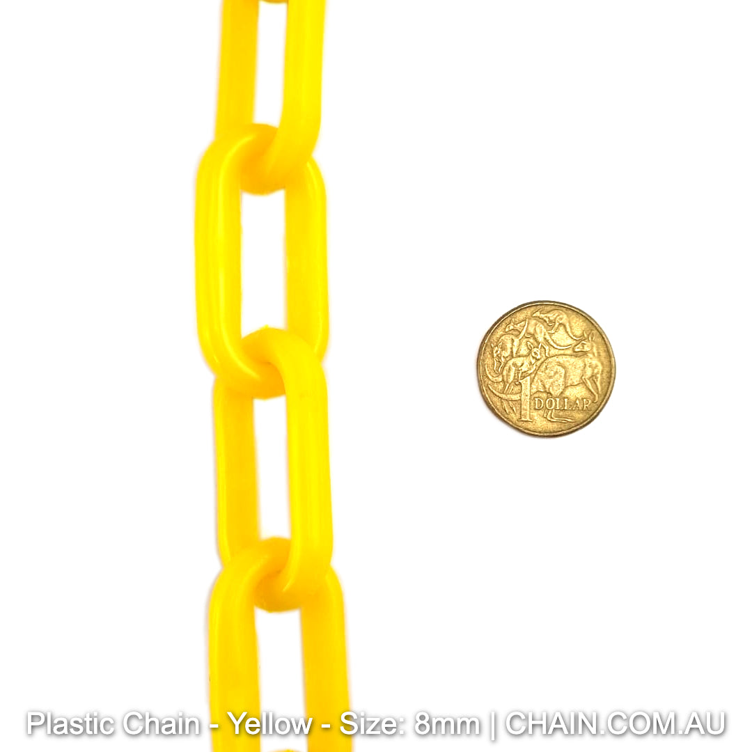 Yellow Plastic Chain, size: 8mm. Chain by the metre or bulk buy larger reels. Australia wide shipping + Melbourne pick up. Shop: Chain.com.au