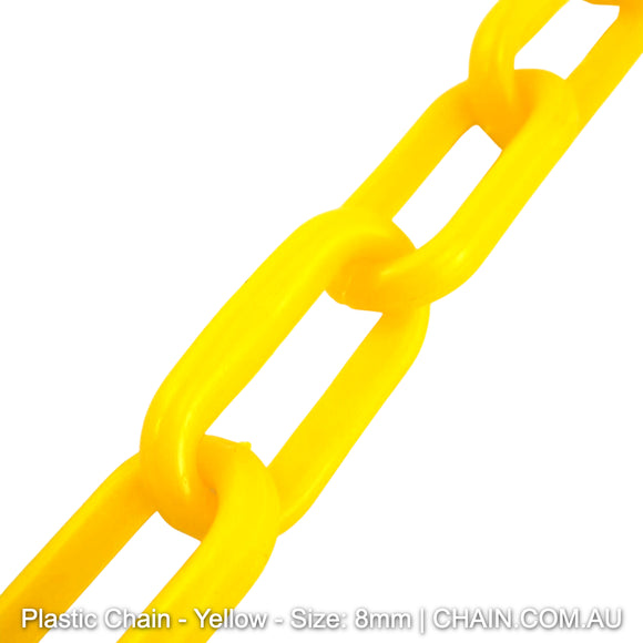 Yellow Plastic Chain, size: 8mm. Chain by the metre or bulk buy larger reels. Australia wide shipping + Melbourne pick up. Shop: Chain.com.au