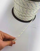 Double Braided Polyester Rope in White and Blue with Thimble Eye on Reel. Sizes: 6mm, 8mm. Delivery Australia wide.