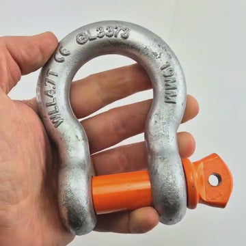 4.7 Tonne galvanised bow shackle with orange pin, grade S, complies with AS 2741. Shop bow shackles at chain.com.au