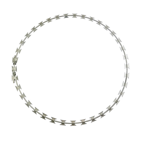 Galvanised razor wire in style BTO22. 100m coil or rings. Australia wide shipping or Melbourne pick-up. Shop razor wire and fencing chain.com.au.
