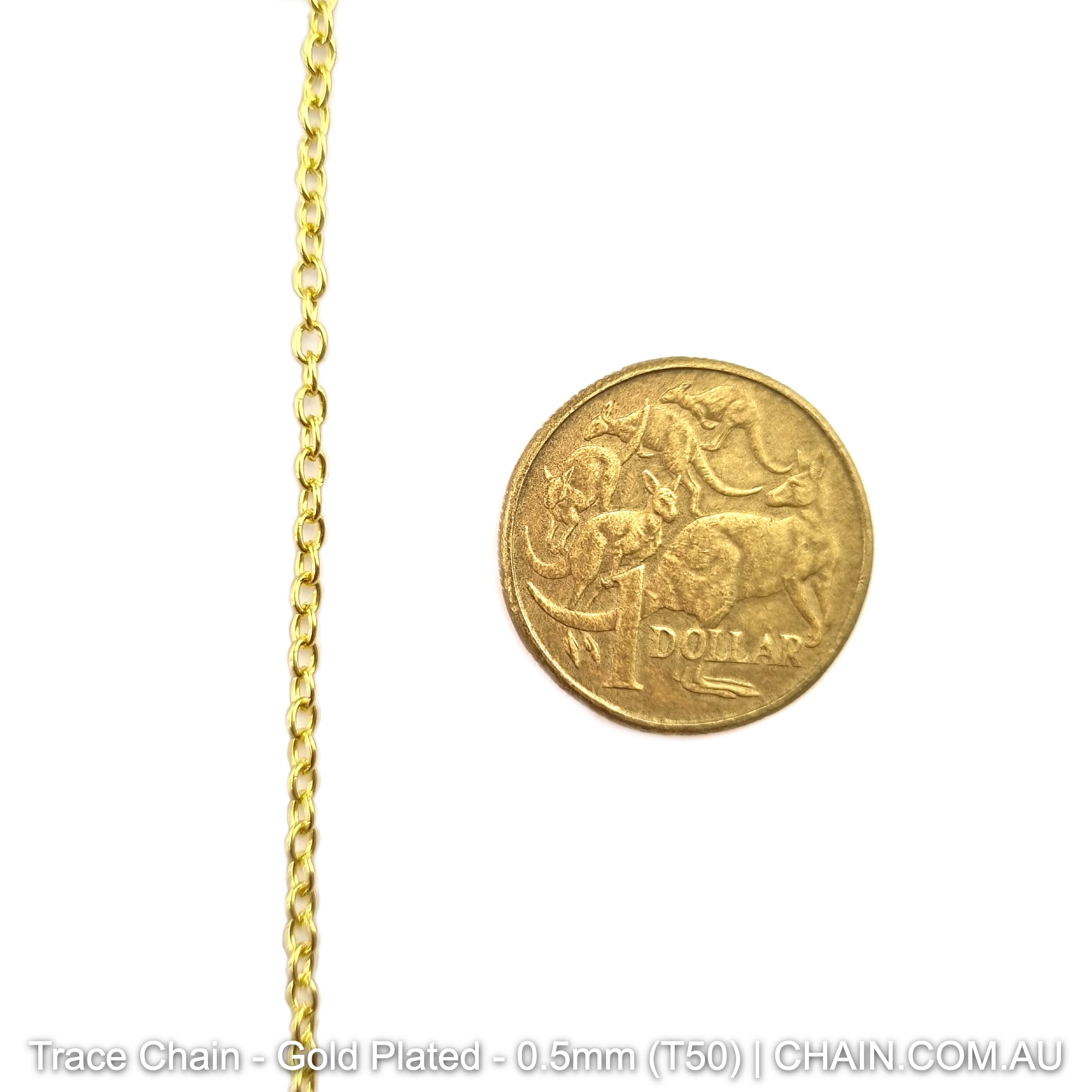Trace Chain in a Gold Plated Finish. Size: 0.5mm, T50. Jewellery Chain, Australia wide shipping. Shop chain.com.au