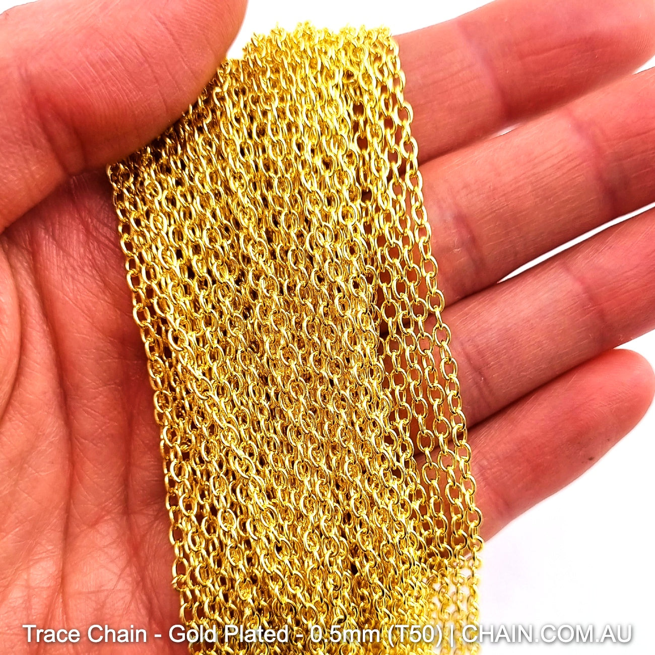 Trace Chain in a Gold Plated Finish. Size: 0.5mm, T50. Jewellery Chain, Australia wide shipping. Shop chain.com.au
