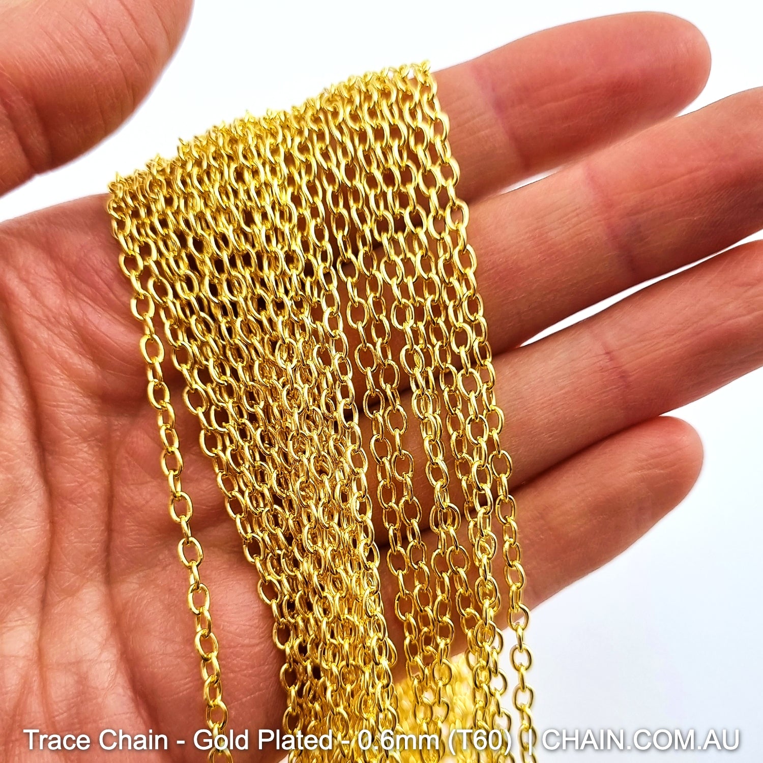 Gold Plated Trace Chain. Size: 0.6mm, T60. Jewellery Chain, Australia wide shipping. Shop chain.com.au
