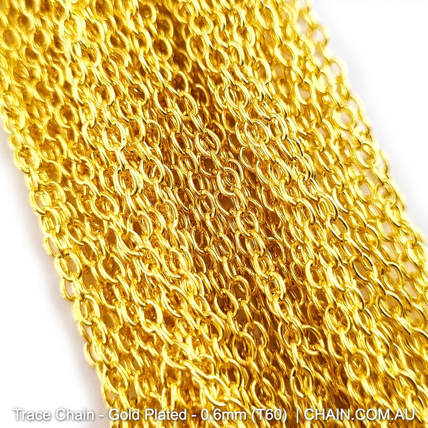 Gold Plated Trace Chain. Size: 0.6mm, T60. Jewellery Chain, Australia wide shipping. Shop chain.com.au
