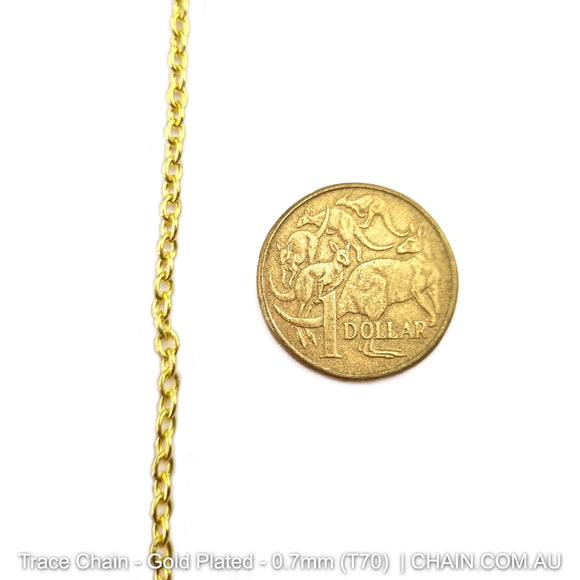 Trace Chain in a Gold Plated Finish. Size: 0.7mm, T70. Jewellery Chain, Australia wide shipping. Shop chain.com.au