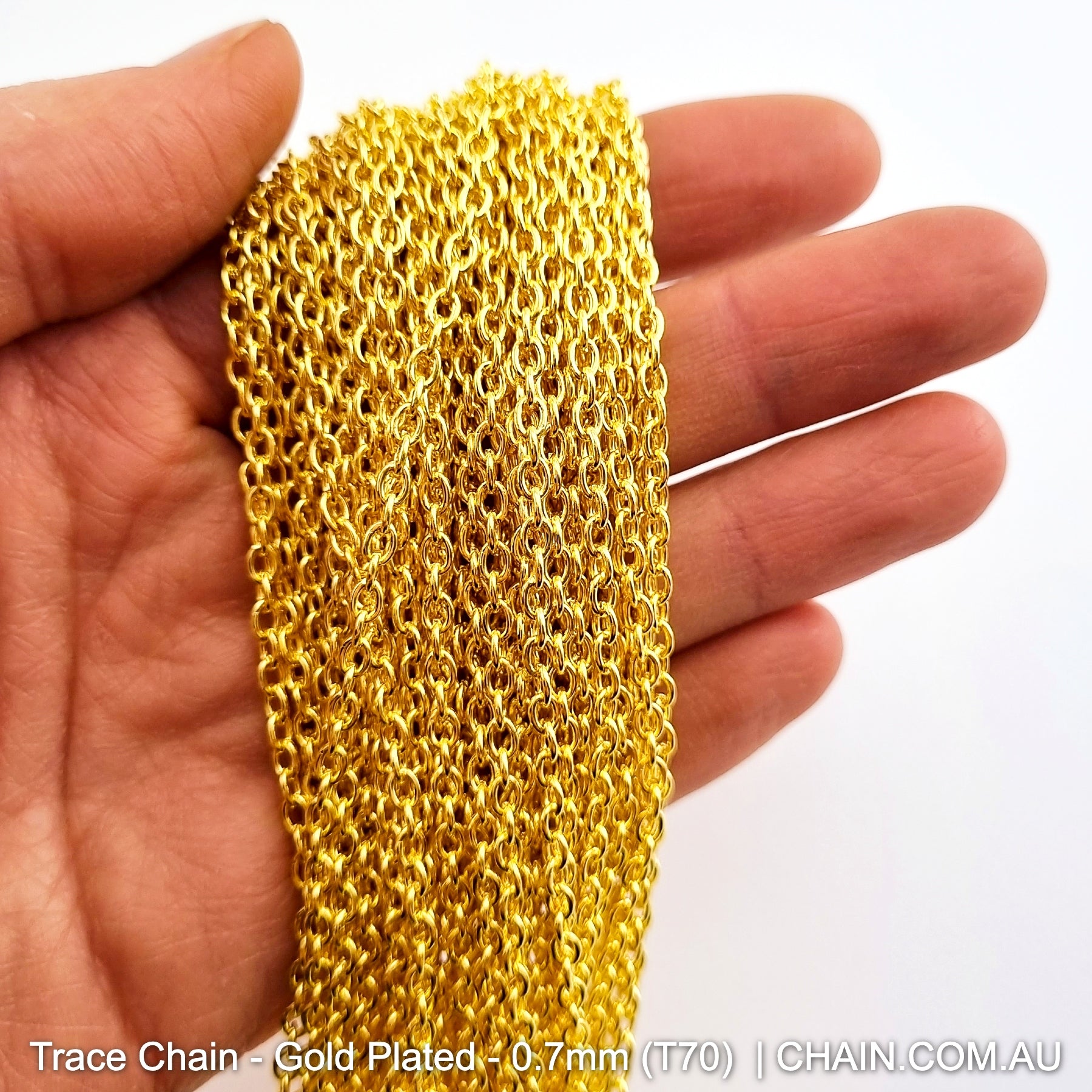 Trace Chain in a Gold Plated Finish. Size: 0.7mm, T70. Jewellery Chain, Australia wide shipping. Shop chain.com.au