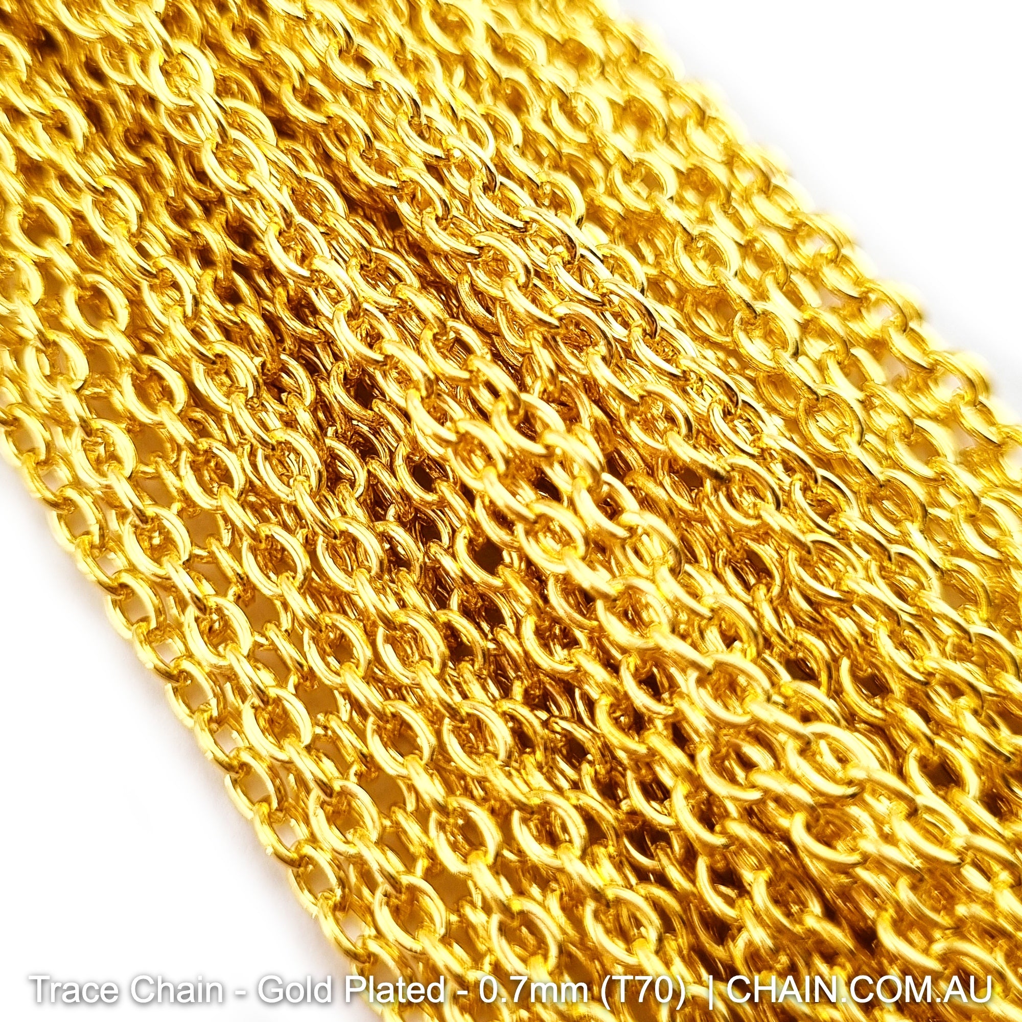 Trace Chain in a Gold Plated Finish. Size: 0.7mm, T70. Jewellery Chain, Australia wide shipping. Shop chain.com.au