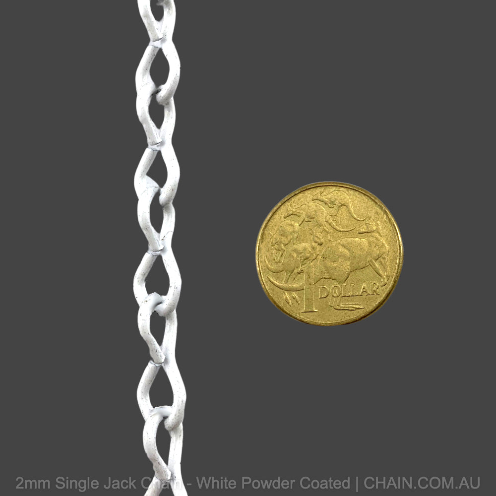 2mm Single Jack Chain, White Powder Coated over Steel. Chain by the metre. Australia wide Shipping. Shop: chain.com.au