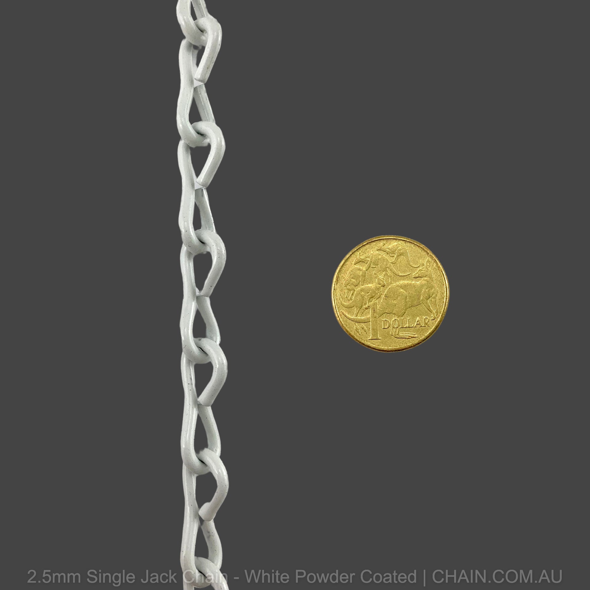 2.5mm Single Jack Chain, White Powder Coated over Steel. Chain by the metre. Australia wide Shipping. Shop: chain.com.au