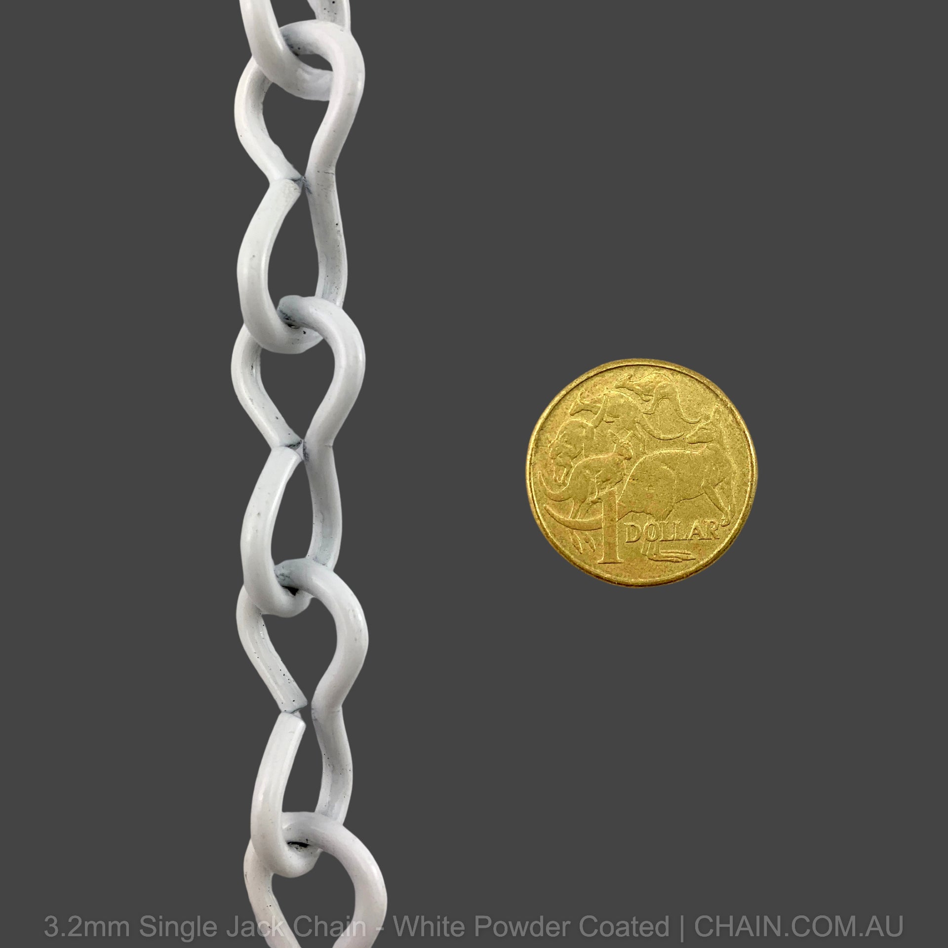 3.2mm Single Jack Chain, White Powder Coated over Steel. Chain by the metre. Australia wide Shipping. Shop: chain.com.au