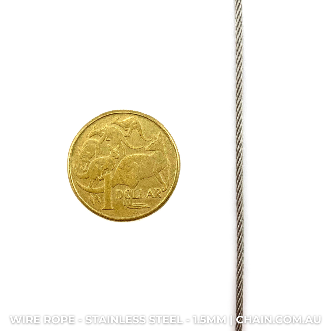 Stainless Steel Wire Rope (wire cord or wire cable). Size: 1.5mm. Australia wide shipping. Chain.com.au