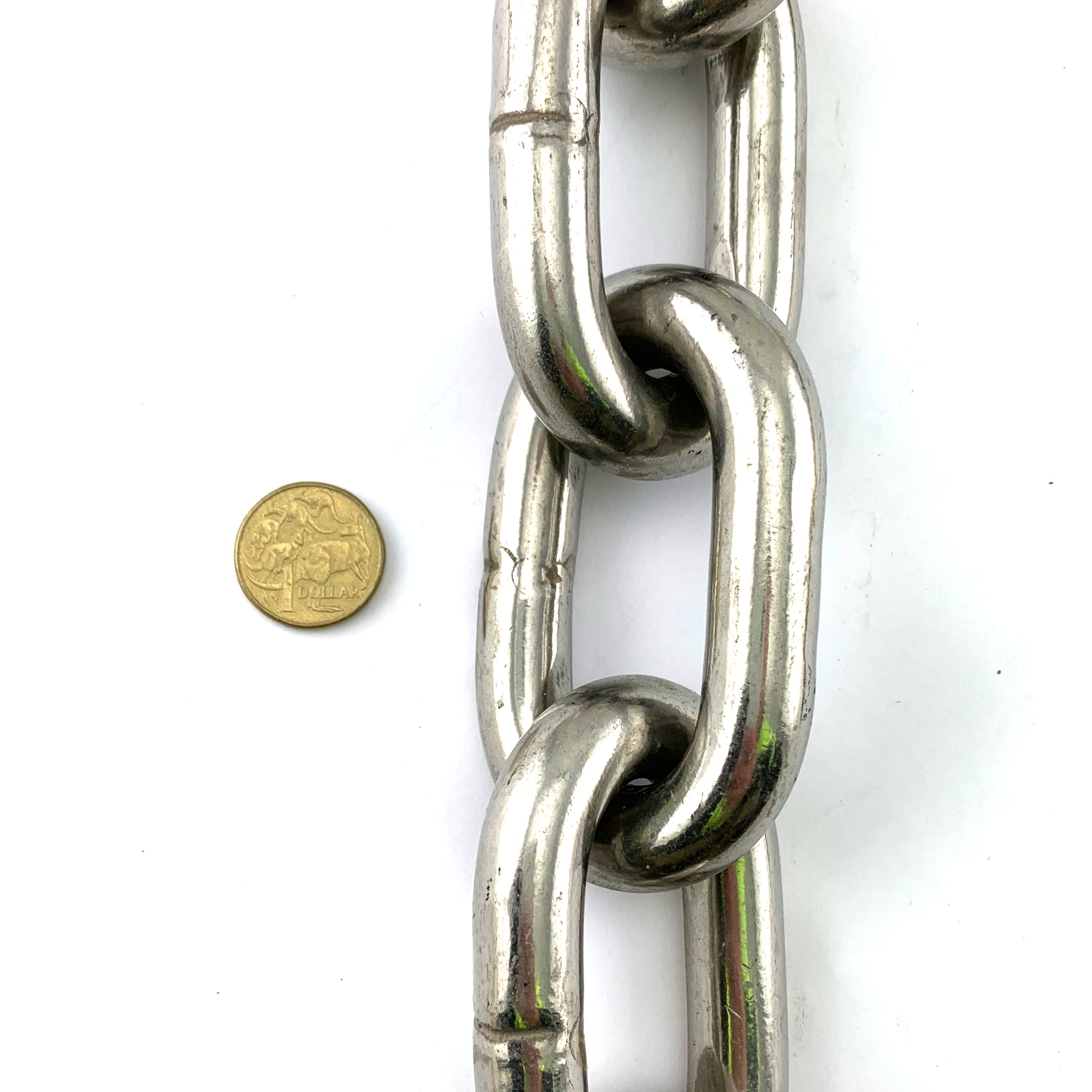 16mm stainless steel welded link chain in a 25kg bucket, with 5 metres of chain. Melbourne, Australia