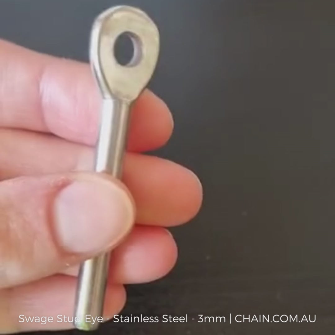 3mm Swage stud eyes in type 316 marine grade stainless steel. Shop hardware online chain.com.au. Australia wide delivery & Melbourne pick-up.