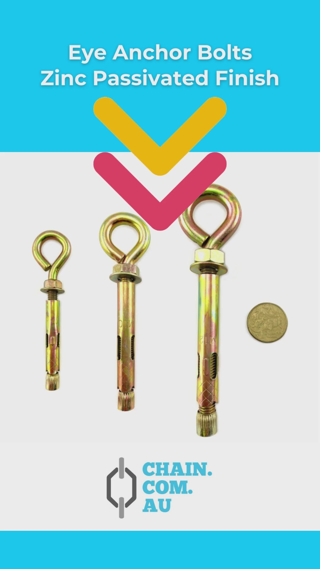 Eye anchor bolt in zinc passivated gold finish, size 6mm. Shop hardware online chain.com.au. Australia wide shipping.