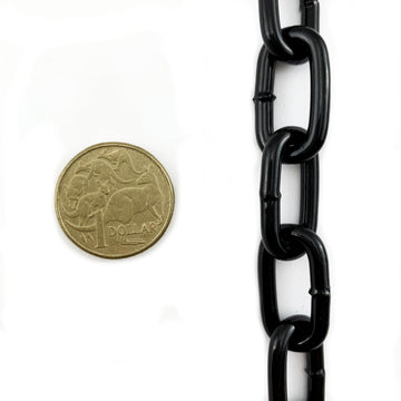 Black powder coated welded steel chain, size 4mm in a 25kg bucket with 85 metres of chain. Australia wide delivery.