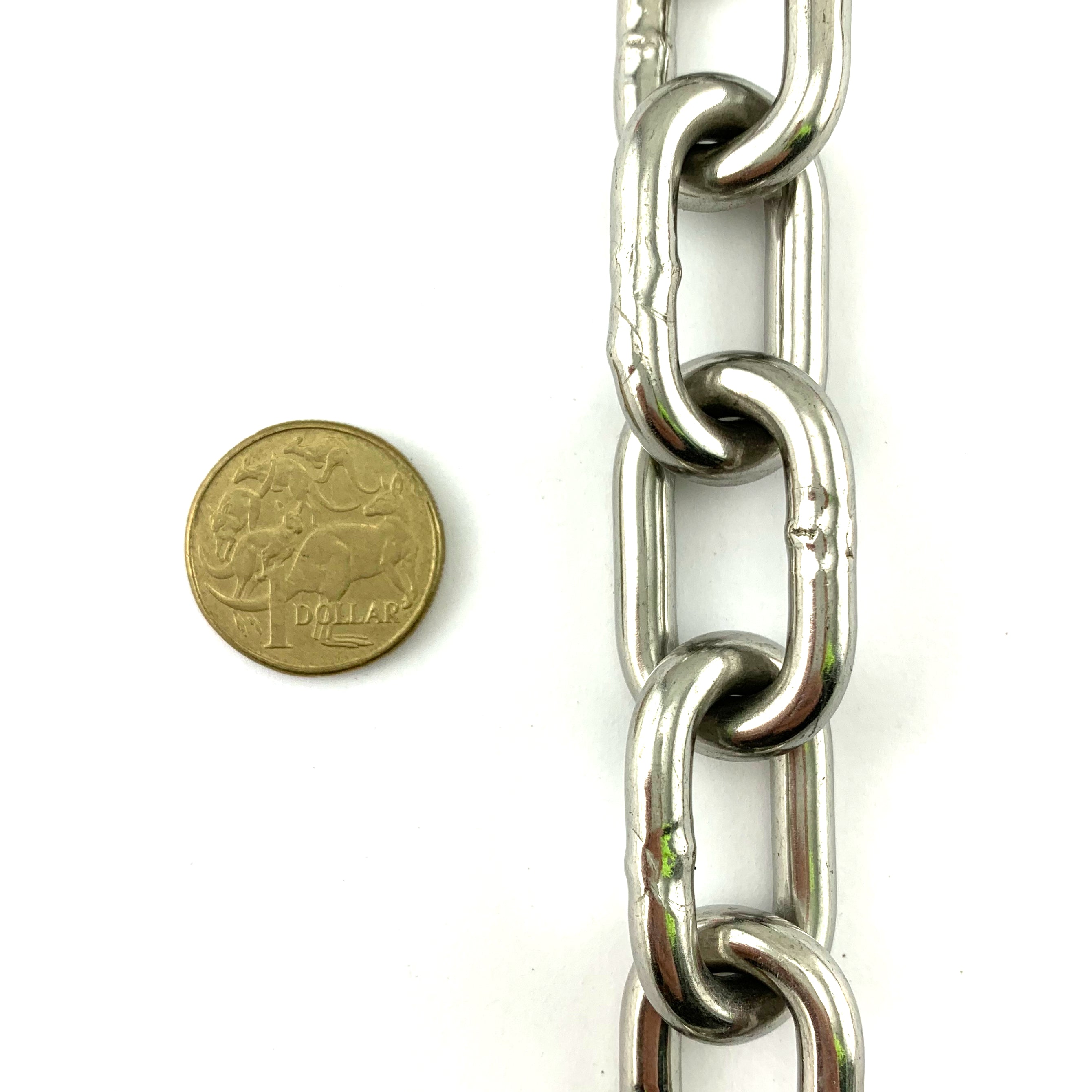 6mm stainless steel welded link chain in a 25kg bucket, with 35.8 metres of chain. Melbourne, Australia.